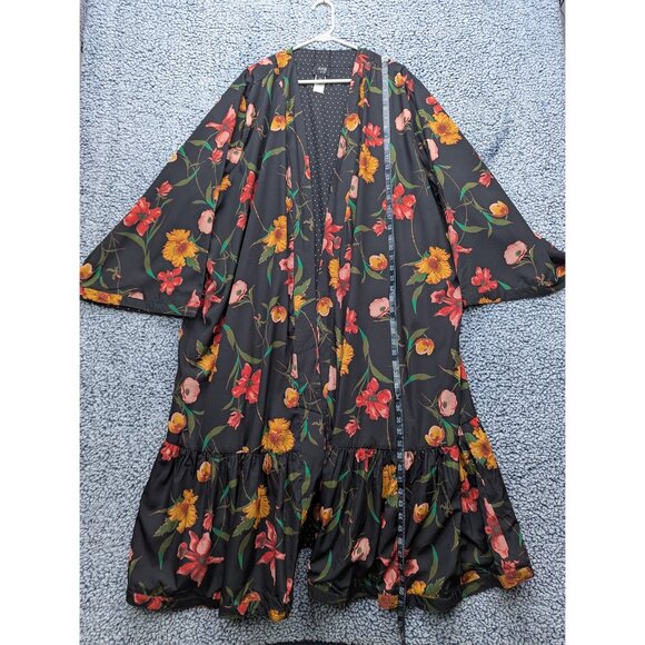 June + Vie Floral Reversible Kimono Duster Size 1X 22/24 Polka Dot Satin Black - Picture 10 of 12